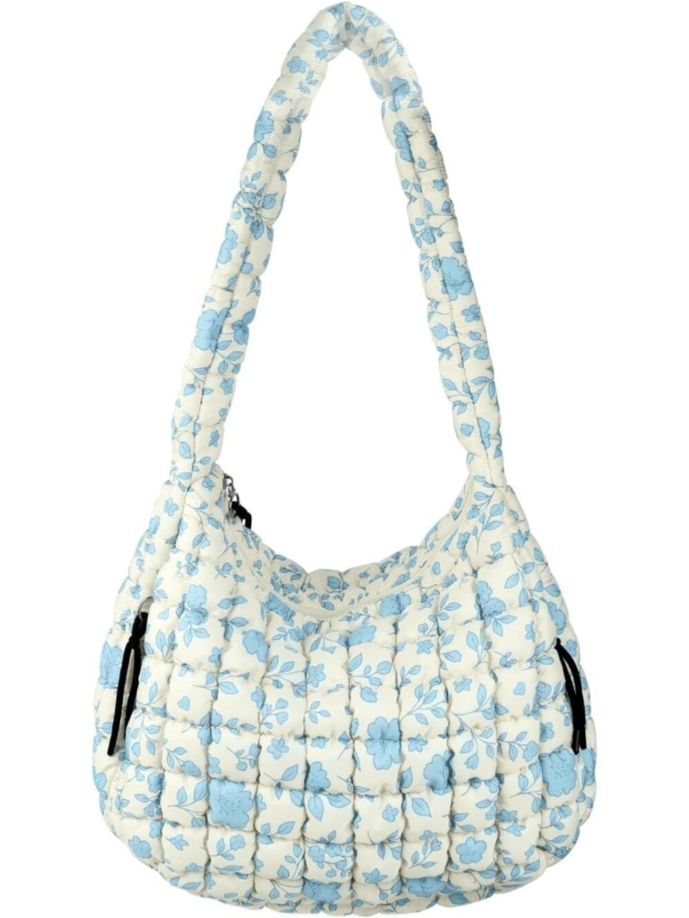 Women's Blue Flora Quilted Puffer Lightweight Zipper Nylon Hobo Shoulder Handbag